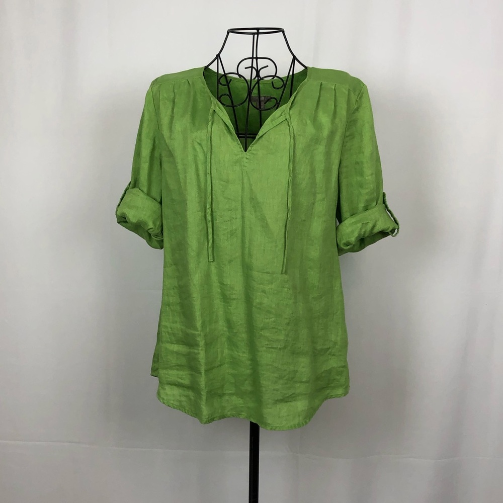 J.JILL Linen lime green blouse roll up cuffs S